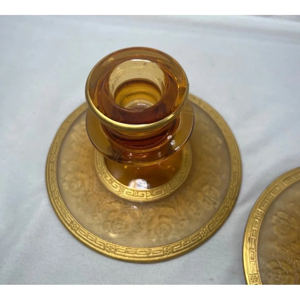 Vintage Amber Glass Candlestick Holders Pair Etched Rose Gold Greek Key 3.5